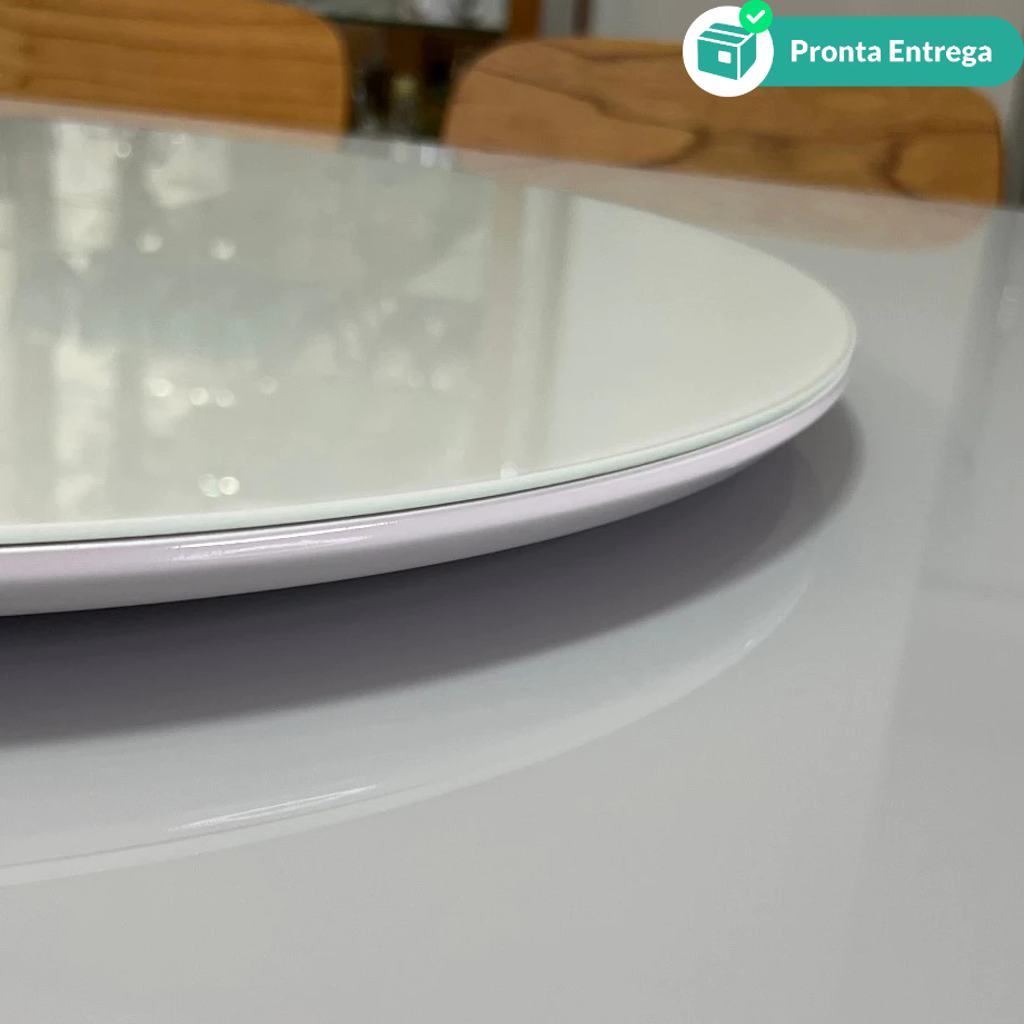 Prato Giratório Laqueado 60cm Off White com Vidro 3mm com 60cm Centro de Mesa Jantar para Servir