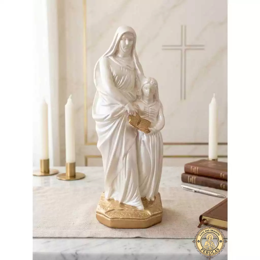 imagem santa ana 20 cm gesso perola e dourado avó de jesus mãe de maria arte sacra  decoração religiosa presente de fé