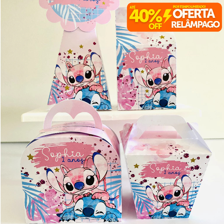 Kit Caixinhas Personalizadas ANGEL E STITCH MENINAS para Decoração de Festa e Aniversário