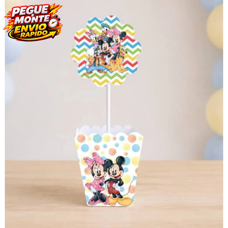 Centro de mesa Turma do Mickey Aquarela Minnie Cachepo Personalizado Enfeite de mesa festa infantilCaixinha Lembrancinha