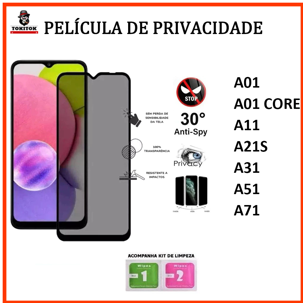 Película Privacidade de Vidro Temperado 3D/9D para Samsung A01 A01 CORE A11 A21S A31 A51 A71