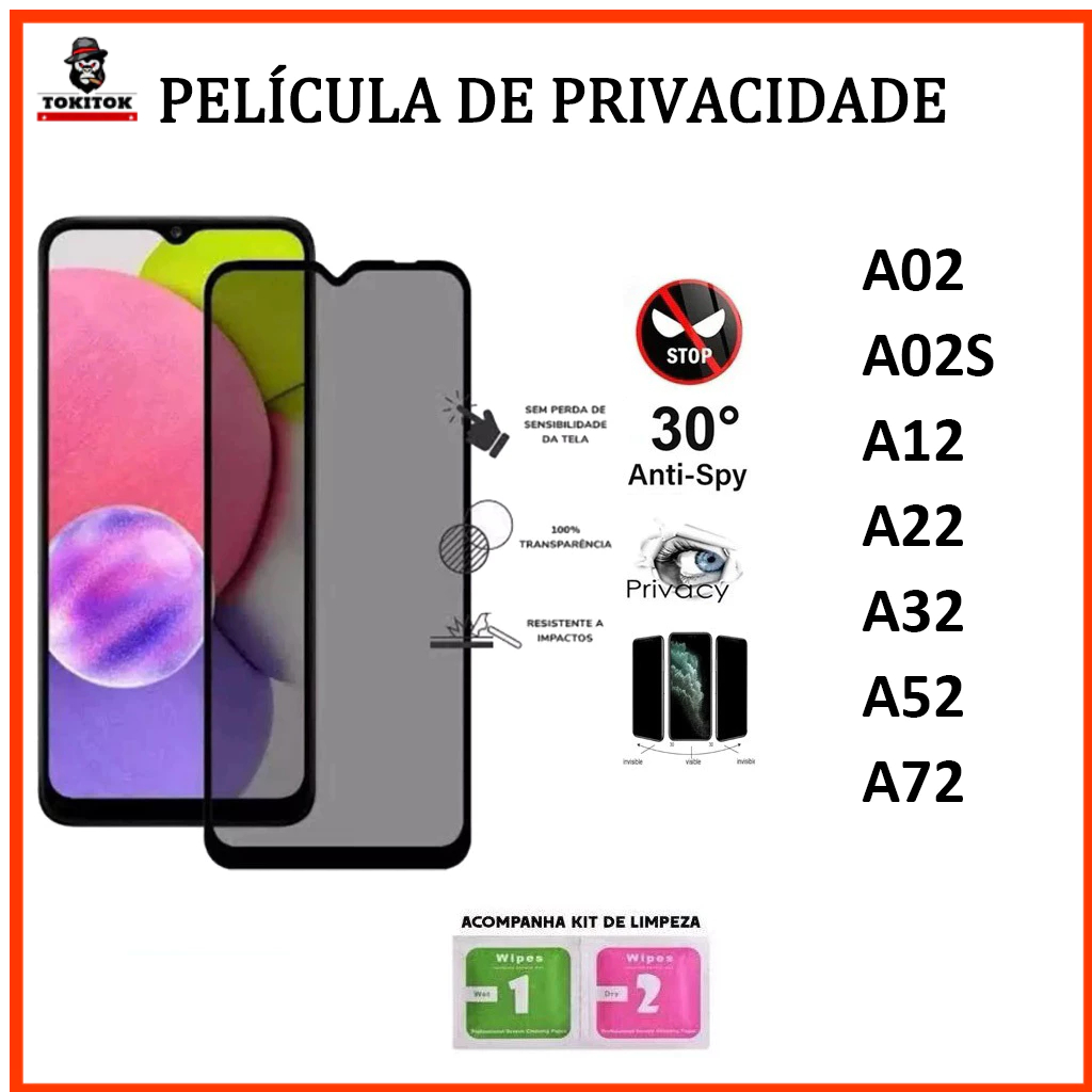 Película Privacidade de Vidro Temperado 3D/9D para Samsung A02 02S A12 A22 4G/5G A32 4G/5G A52 52S A72