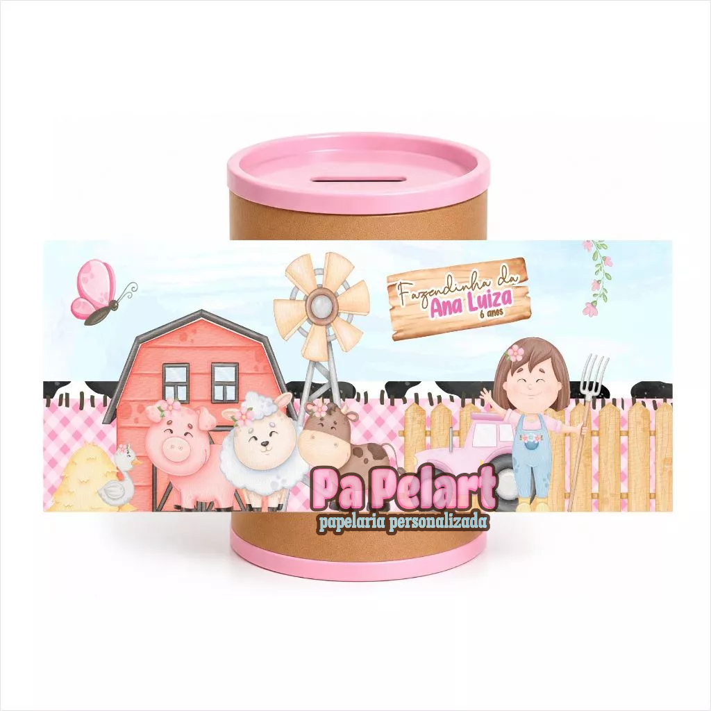 Kit Rótulo Cofrinho Personalizado Fazendinha Rosa para Lembrancinha