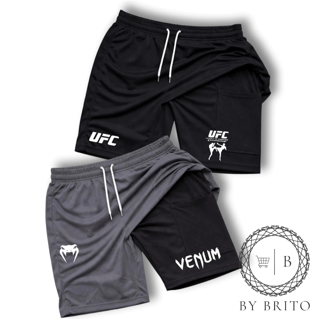 Kit 2 Bermuda Shorts Compressão 2 em 1 U.F.C 02+VNM Ideal para Academia Ciclismo Bike Luta Casual