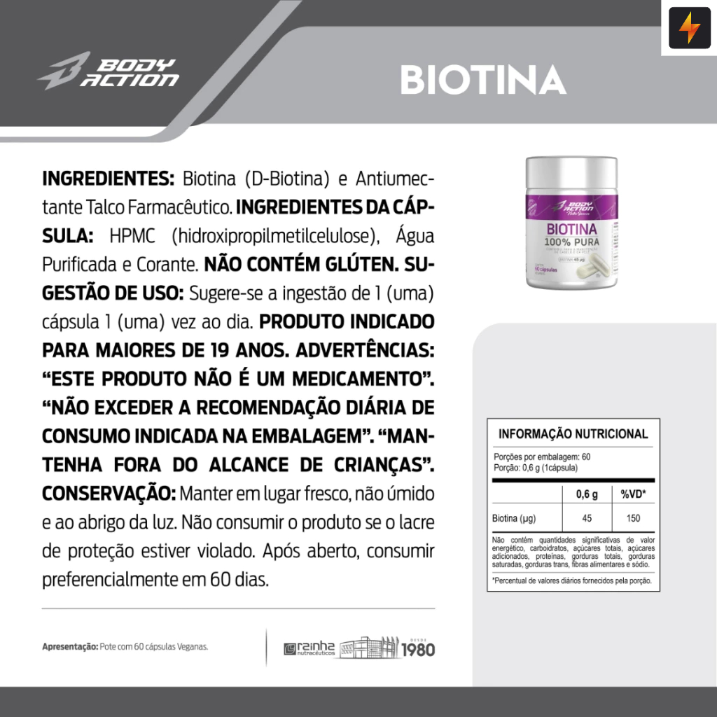 Kit 2x Biotina 100% Pura 60 Cápsulas Manutenção da Pele, Cabelo e Unha - Body Action · foto 2