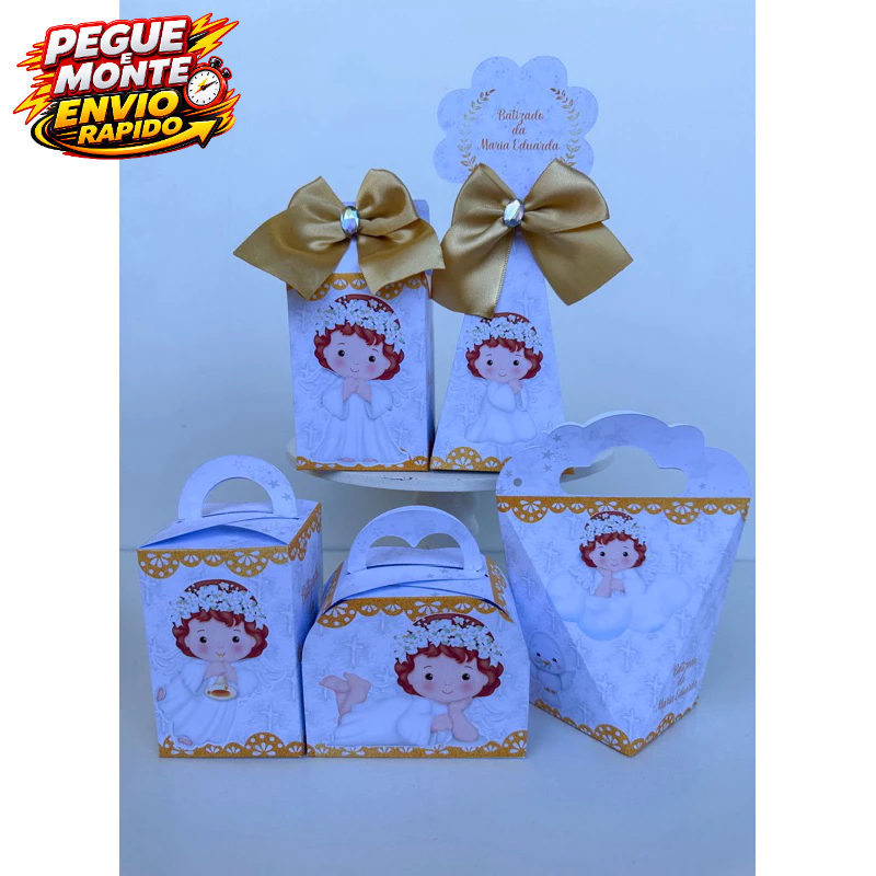 Kit Personalizados Batizado Menina Branco e Dourado Pegue e Monte Lembrancinha Caixinha (Informar Nome e Idade no Chat)