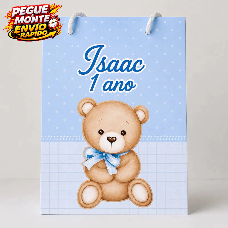 Sacolinha Personalizada Chá de bebê Ursinho Azul Menino Pegue e Monte | Personalizados lembrancinha Caixinha Festa