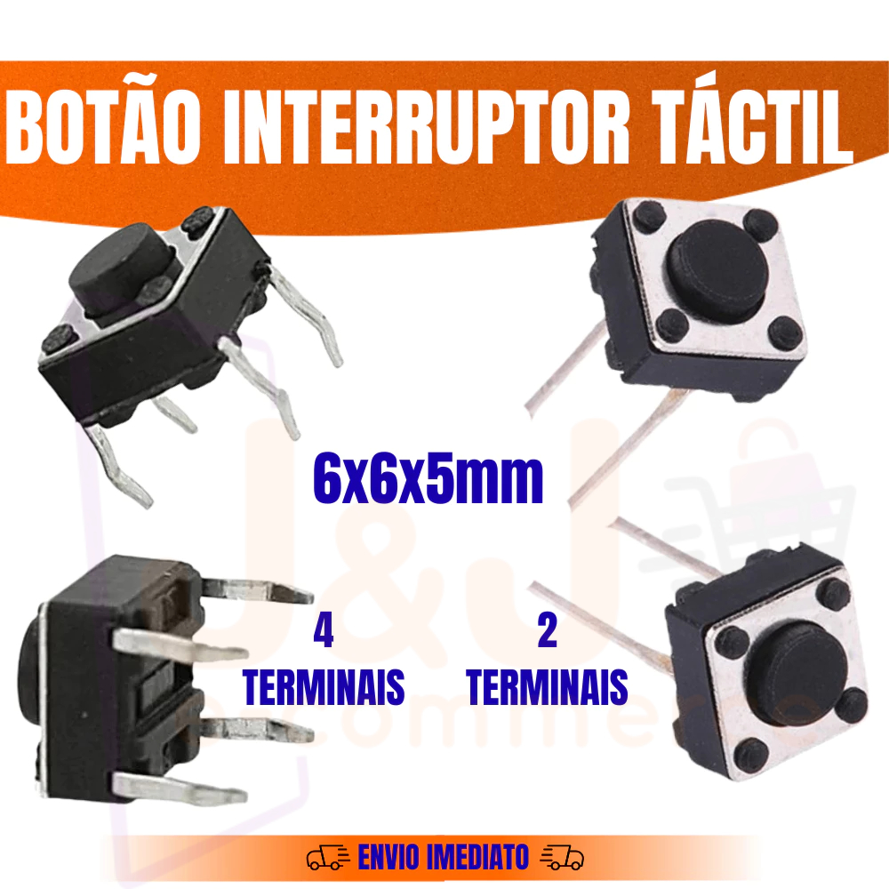 Botão Táctil 6x6x5mm 2 e 4 Pinos Kit 3,4 e 5 Unidades Micro Switch para Placa Eletrônica Novo
