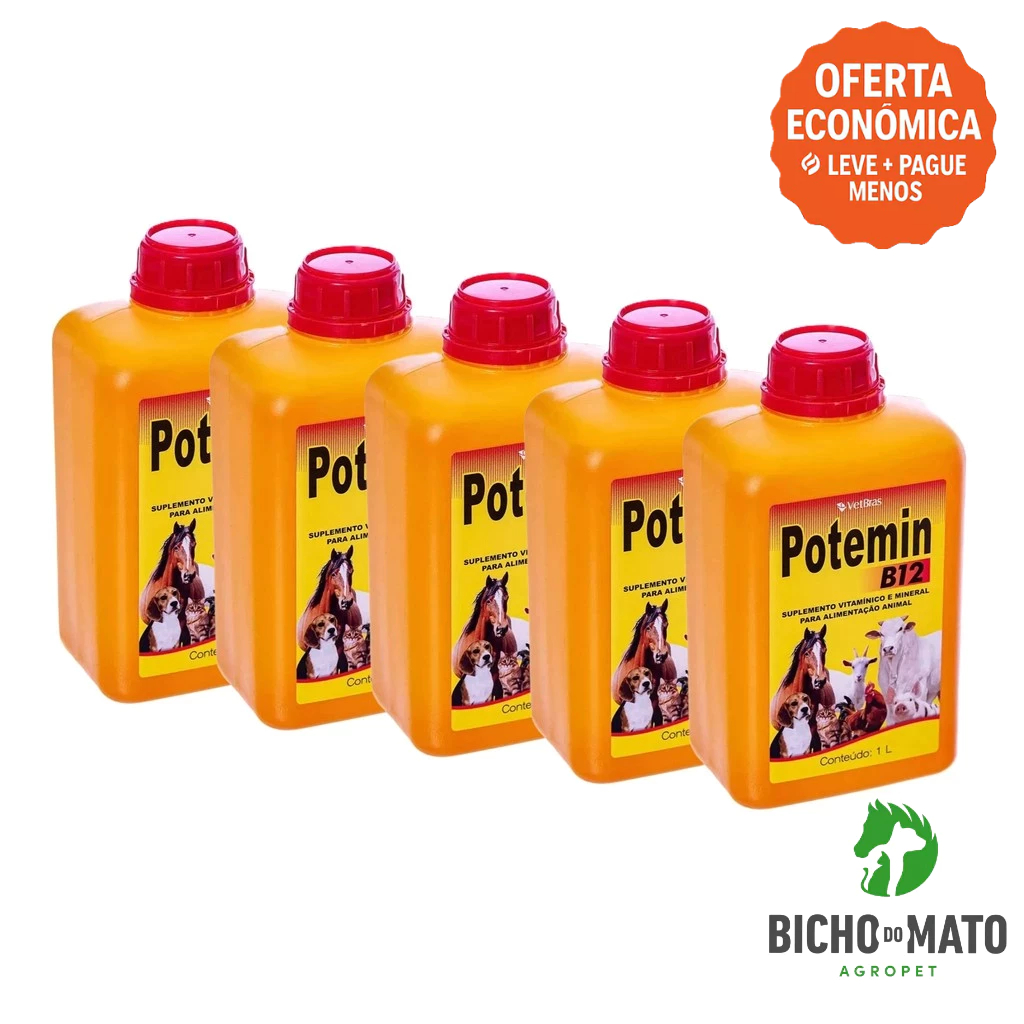Kit 5 Potemin B12 1L Suplemento Vitaminico e Mineral Fortalece Postura e Imunidade - VetBras