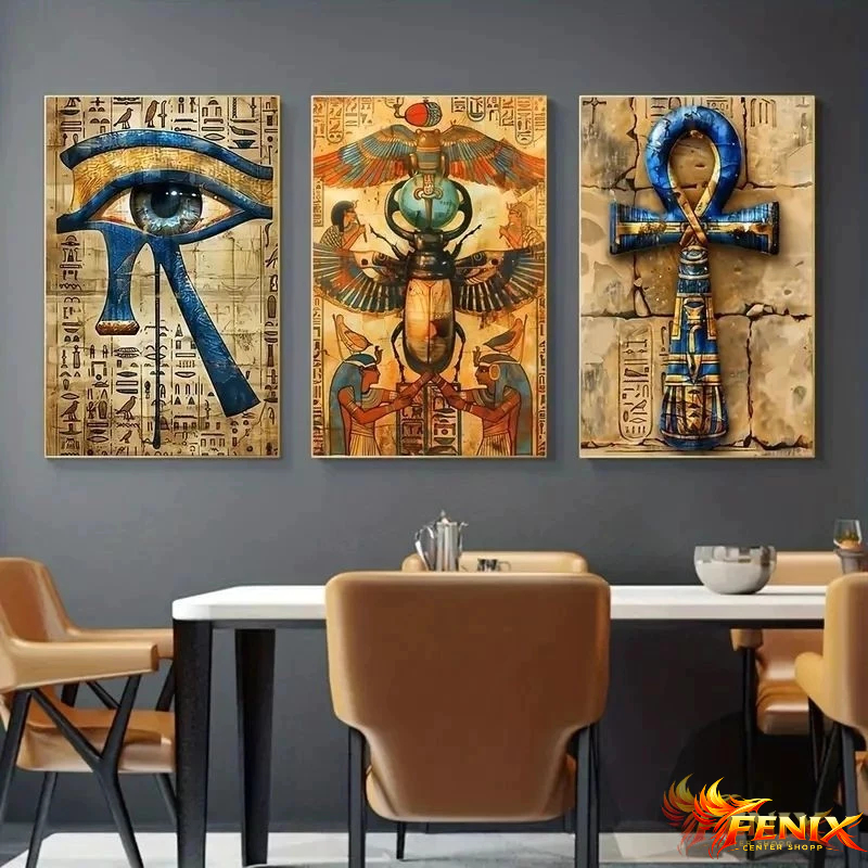 quadro decorativo SALA QUARTO ESCRITÓRIO 3 peças 210x90cm 8k egípcio Egito ESCARAVELHO HÓRUS ANKH