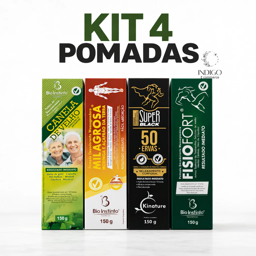 Kit 4un Pomadas Massageadoras 150g Bio Instinto - Canela de Velho - Milagrosa - Super Black 50 Ervas - Fisiofort