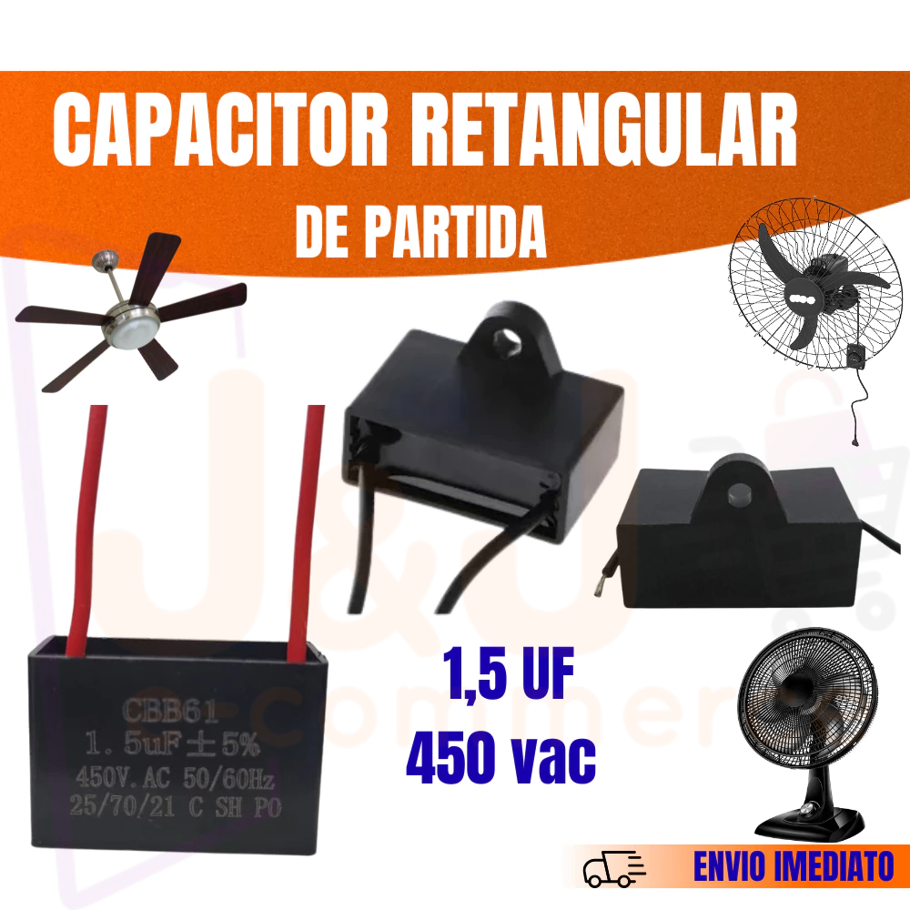 Capacitor Ventilador Retangular 1.5uF 450Vac CBB61 2 Fios para Ventilador Teto Mesa Parede Kit 1 a 5