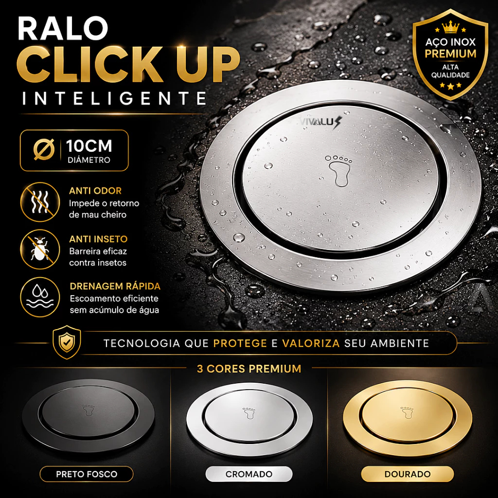 Ralo Inteligente Click Up Redondo 10Cm Ralo Antiodor Dourado Preto Cromado Metal Inox Banheiro