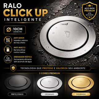 Ralo Inteligente Click Up Redondo 10Cm Ralo Antiodor Dourado Preto Cromado Metal Inox Banheiro