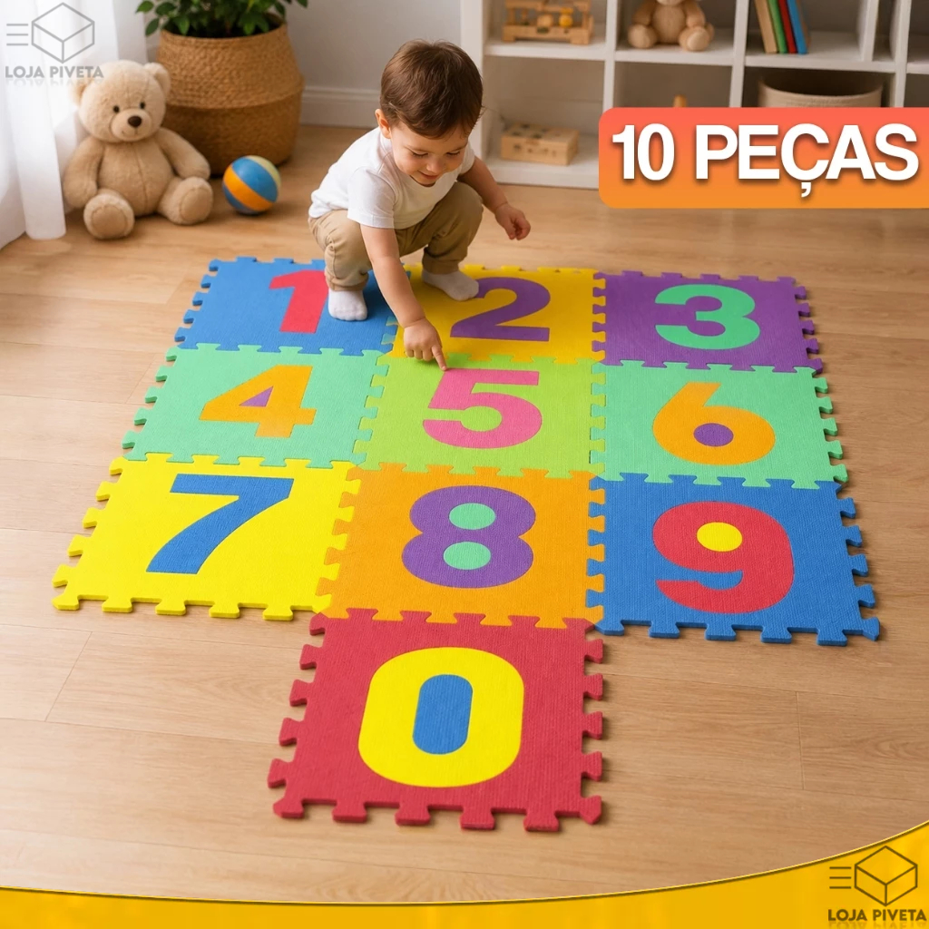 Tapete Infantil EVA Tatame Emborrachado Números 30x30cm Coloridos Amarelinha 10 Peças Enumerados