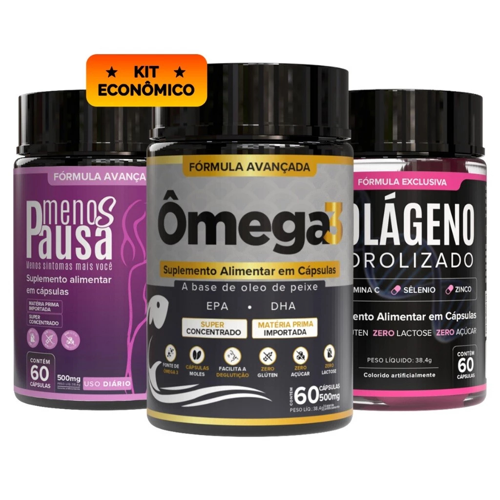 ÔMEGA 3 + COLÁGENO HIDROLISADO + MENOS PAUSA | SAÚDE, BELEZA E EQUILÍBRIO FEMININO - KIT ECONÔMICO