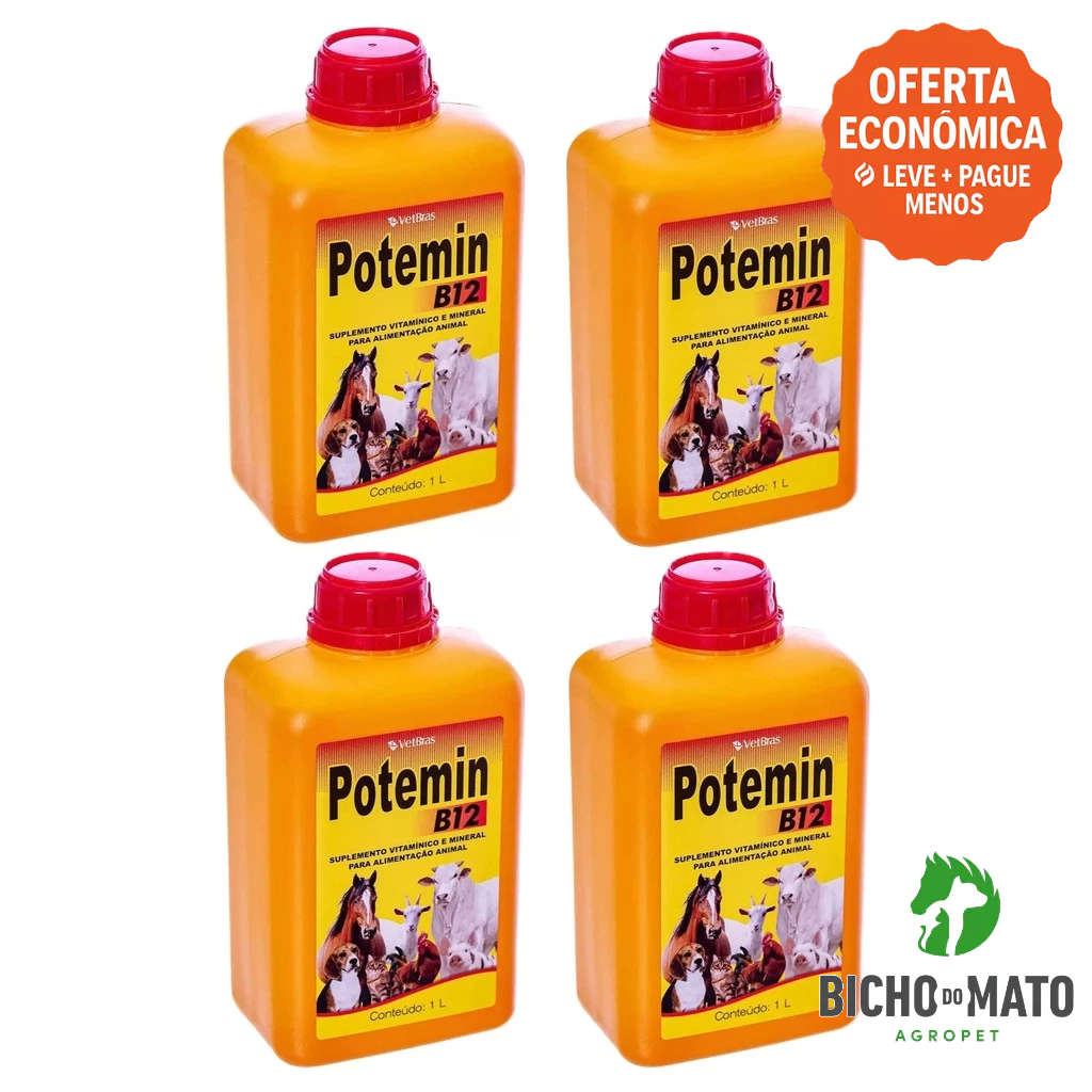 Kit 4 Potemin B12 1L Suplemento Vitaminico e Mineral Fortalece Postura e Imunidade - VetBras