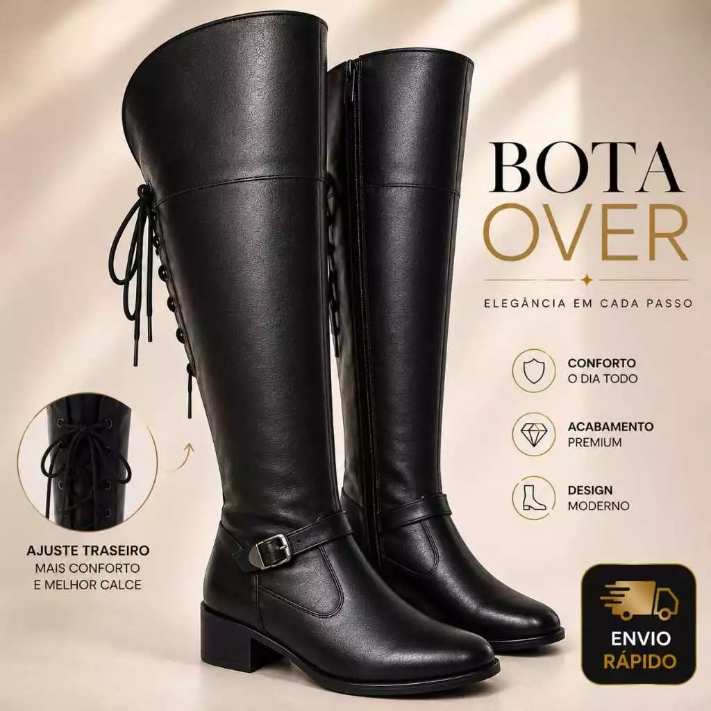 Bota Feminina Over The Knee Cano Longo Plus Amarrar Ajustável Na Panturrilha Confortável Envio Rapid