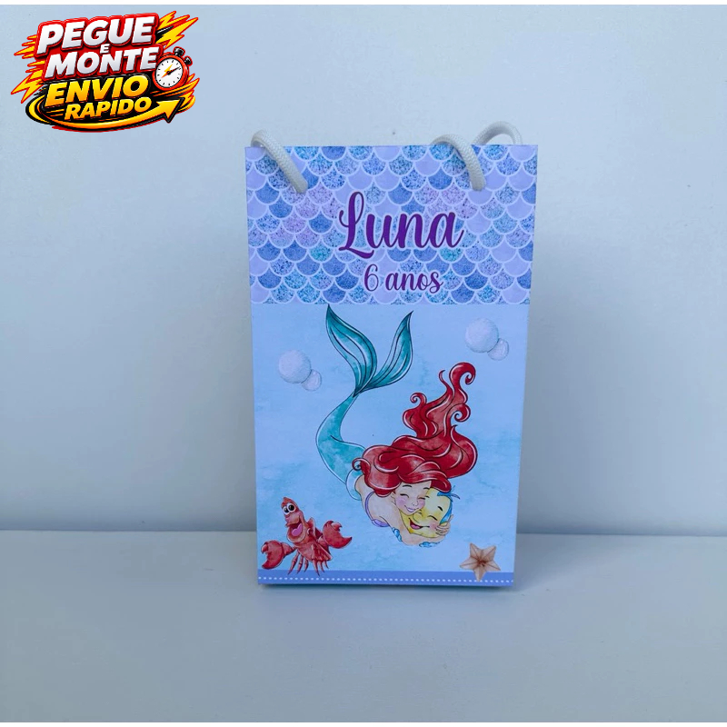 Sacolinha Personalizada Ariel Aquarela Pegue e Monte Pequena Princesas Lembrancinha (Com nome e idade)
