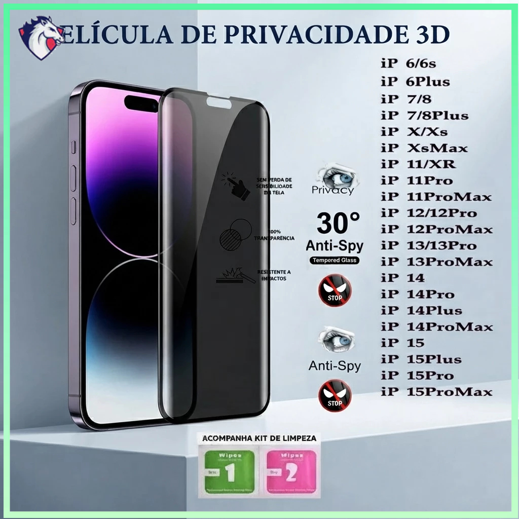 Película De Privacidade 3D Vidro Temperado Anti-Spy Para  Iphone 6, 7, 8, XR, 11, 12, 13, 14, 15,16,16E