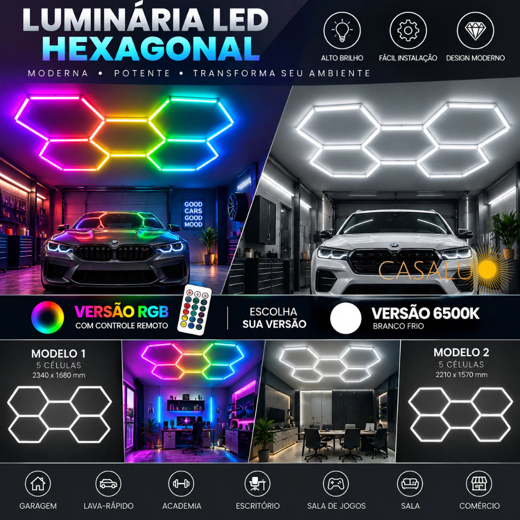 Luminária LED RGB Ou 6500K Hexagonal 5 Cédulas Super Forte 200W 2340*1680MM Garagem Oficina Salão