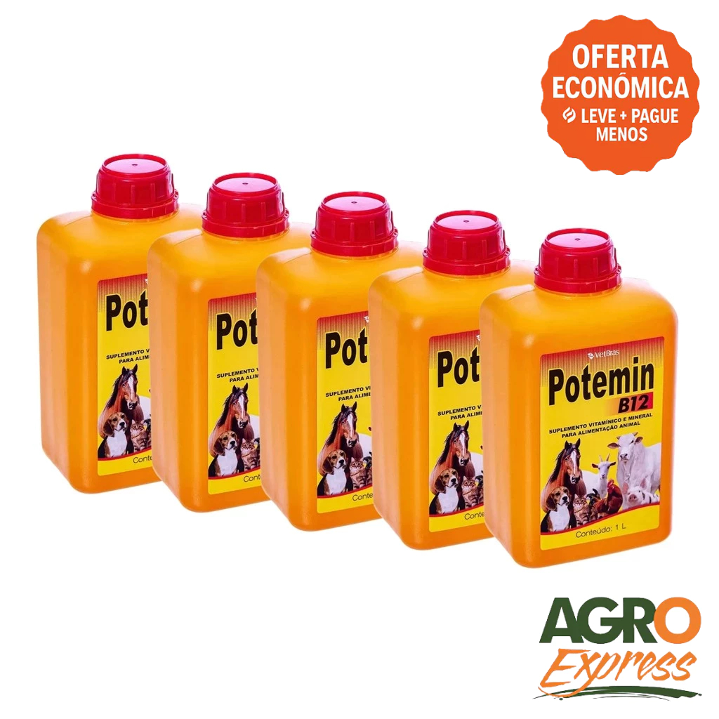 Kit 5 Potemin B12 1L Suplemento Vitaminico e Mineral Fortalece Postura e Imunidade - VetBras