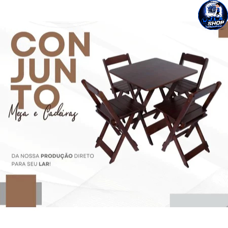 Jogo de Mesa Dobrável Madeira Maciça 70x70 c/ 4 ou 2 Cadeiras Bar Restaurante Área Externa Gourmet