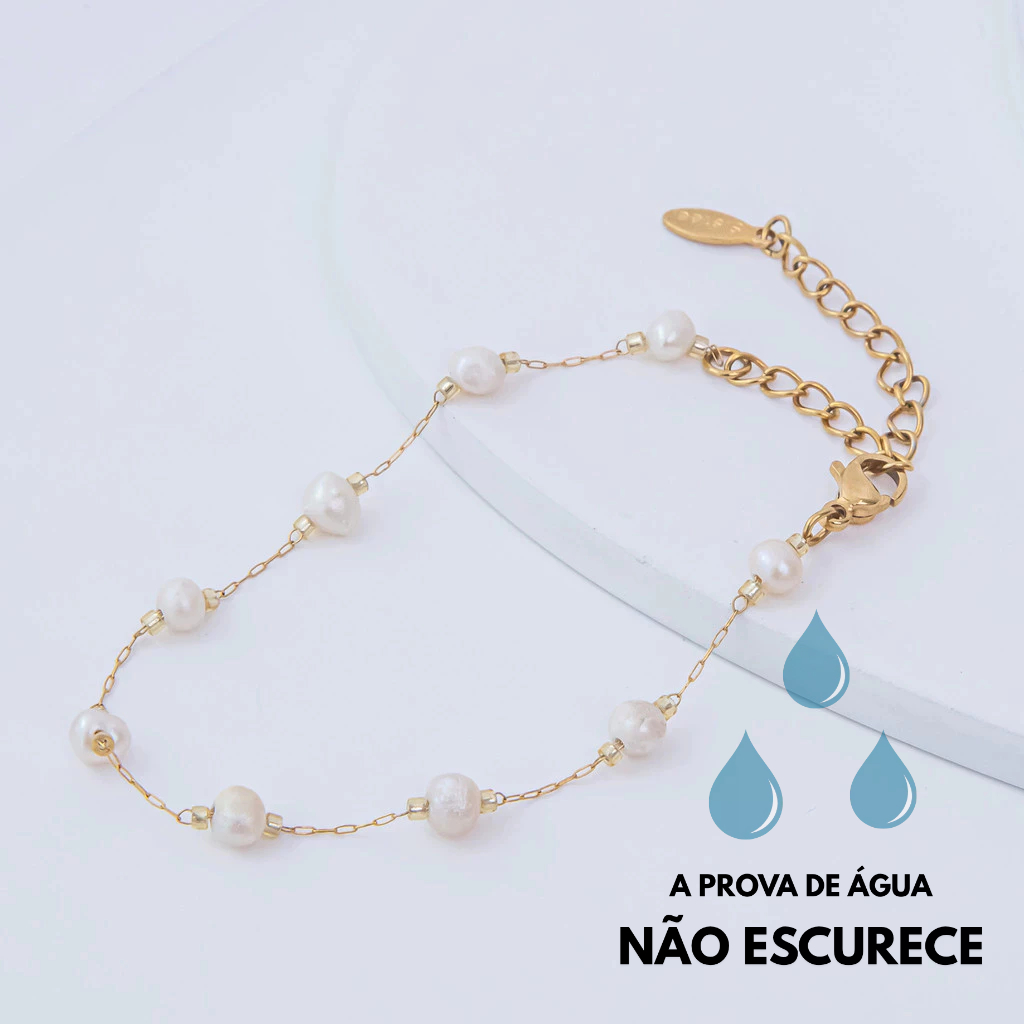 Pulseira Dourada Pérolas Naturais Feminina Aço Inoxidável Antialérgica Elegante Moderna Tendência