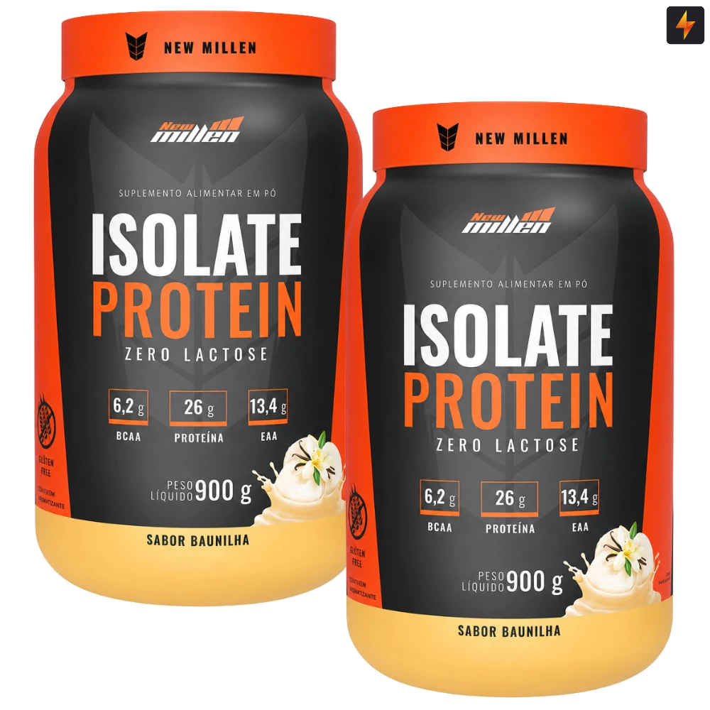 Kit 2x Whey Isolate Protein 900g Zero Lactose - Zero Carboidrato - 26g Proteínas - New Millen
