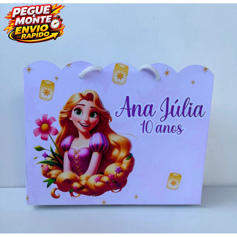 Sacolinha Personalizada Rapunzel Festa 15 anos Princesas Pegue e Monte Lembrancinha (Personalizado com nome e idade)