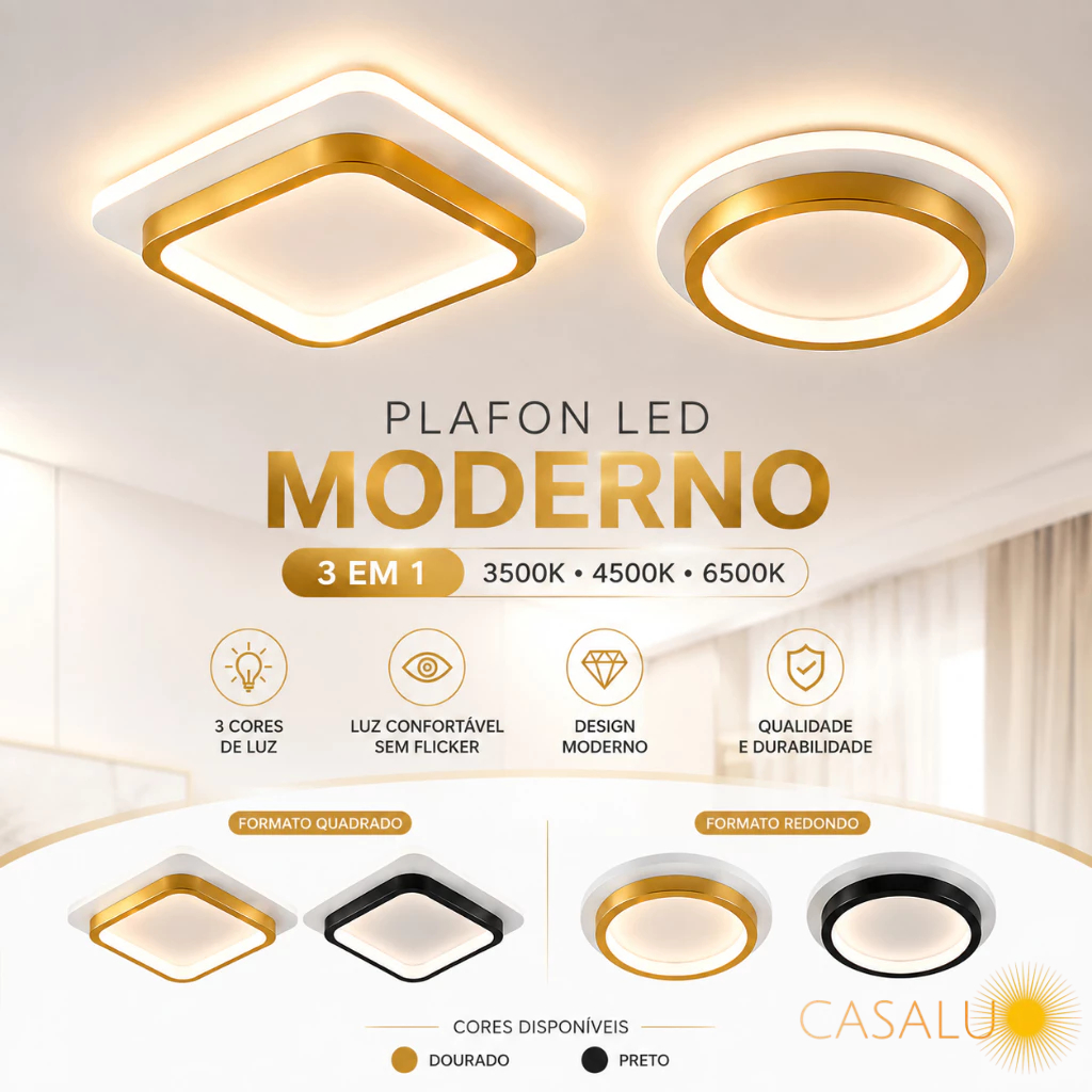 Luminária De Teto Moderno LED 3 Em 1 Plafon Sobrepor LED 20W 20X20CM Dourado Preto Para Quarto Hall