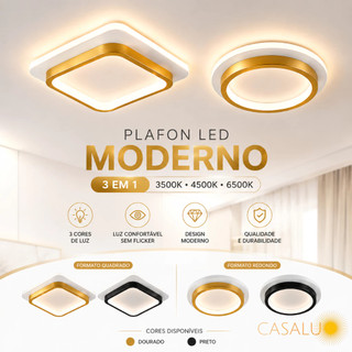 Luminária De Teto Moderno LED 3 Em 1 Plafon Sobrepor LED 20W 20X20CM Dourado Preto Para Quarto Hall