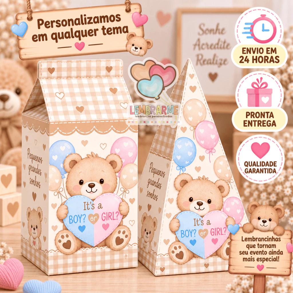 Kit Caixinhas Milk e Pirâmide URSINHO CHÁ REVELAÇÃO -  FAZEMOS QUALQUER TEMA - Lembrancinha de festa - PEGUE E MONTE