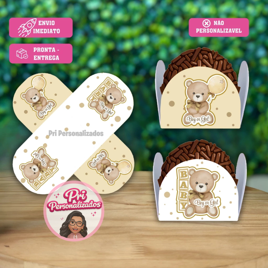 24 a 96 Forminhas Para Doces Brigadeiros Ursinho Dourado e Bege/ Chá Revelação / Chá De Fraldas