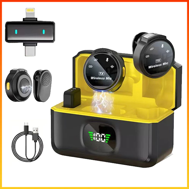 Microfone de Lapela Sem Fio Duplo Wireless com Display Digital Redução de Ruído para Celular Android iPhone