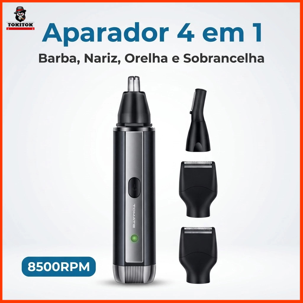 Aparador de Pelos 4 em 1 8500RPM Recarregável USB até 120min Barba Nariz Orelha Sobrancelha Masculino Portátil