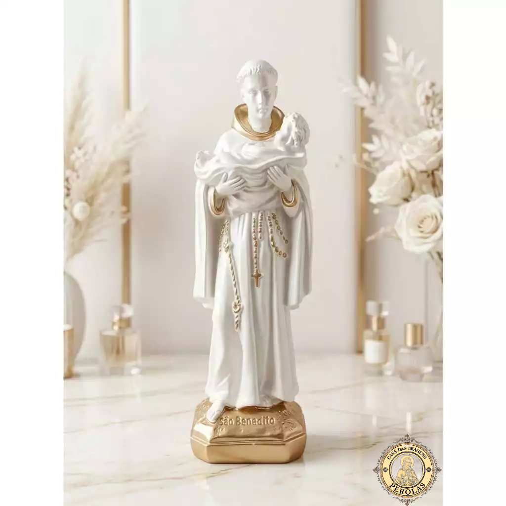 imagem são Benedito 21 cm gesso pintura pérola e dourado presente de fé decoração religiosa arte sacra