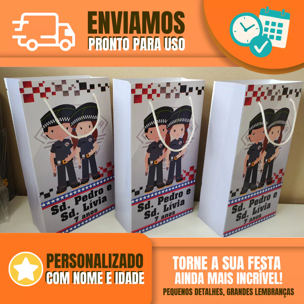 Sacolinha Personalizada para Festa Infantil - Lembrancinha -  Sacolinha Surpresa - Polícia Militar de São Paulo