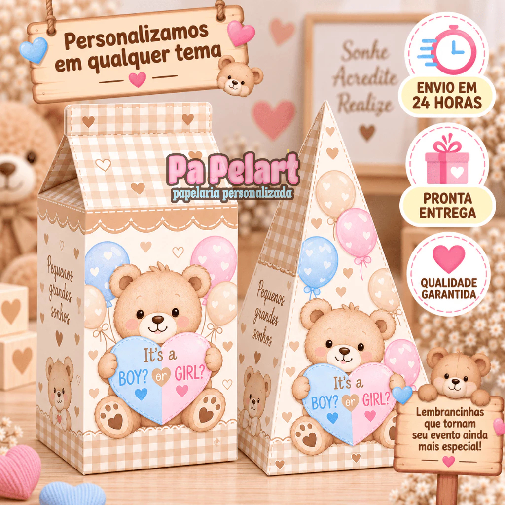 Kit Caixinhas Milk e Pirâmide URSINHO CHÁ REVELAÇÃO -  FAZEMOS QUALQUER TEMA - Lembrancinha de festa - PEGUE E MONTE