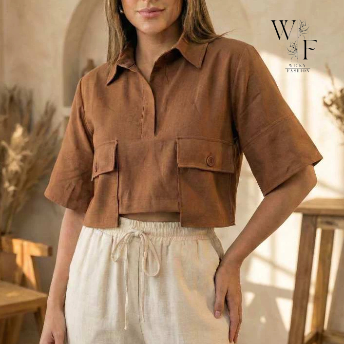 Camisa Cropped Feminina Manga Estruturada com Bolsos Frontais Oversized em Oferta na Shopee