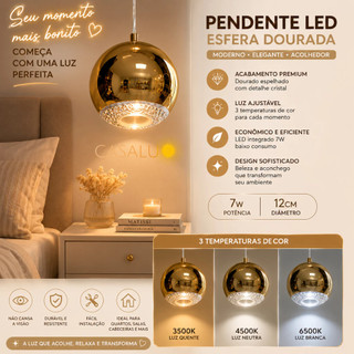 Pendente Bola Esfera Redondo Dourado Cristal Acrílico LED 3 Em 1 Brilhante Moderno Para Lavabo Hall