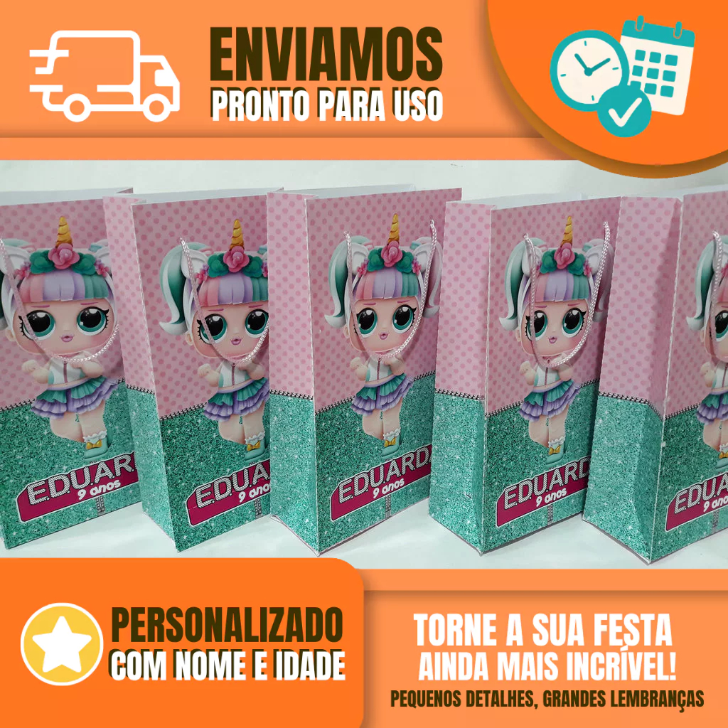 Sacolinha Personalizada para Festa Infantil - Lembrancinha -  Sacolinha Surpresa - LOL Unicórnio