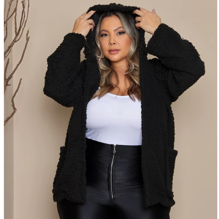Casaco Teddy Com Capuz Moda Inverno Grande Pelinho Sobretudo
