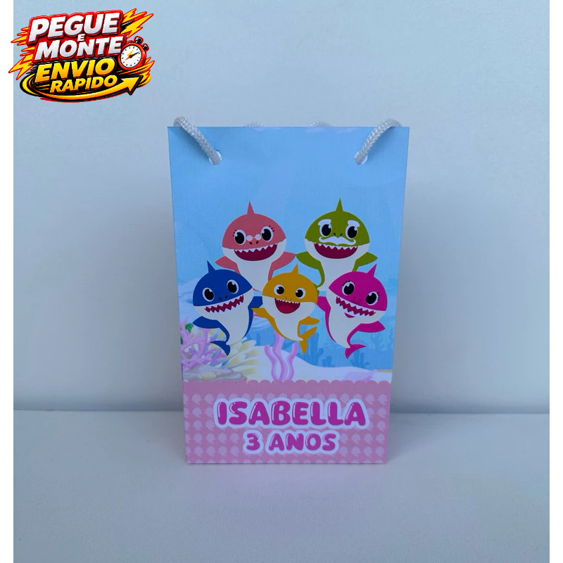 Sacolinha Personalizada Baby Shark Rosa Menina Pegue e Monte | Personalizados lembrancinhas mimos Caixinha Festa