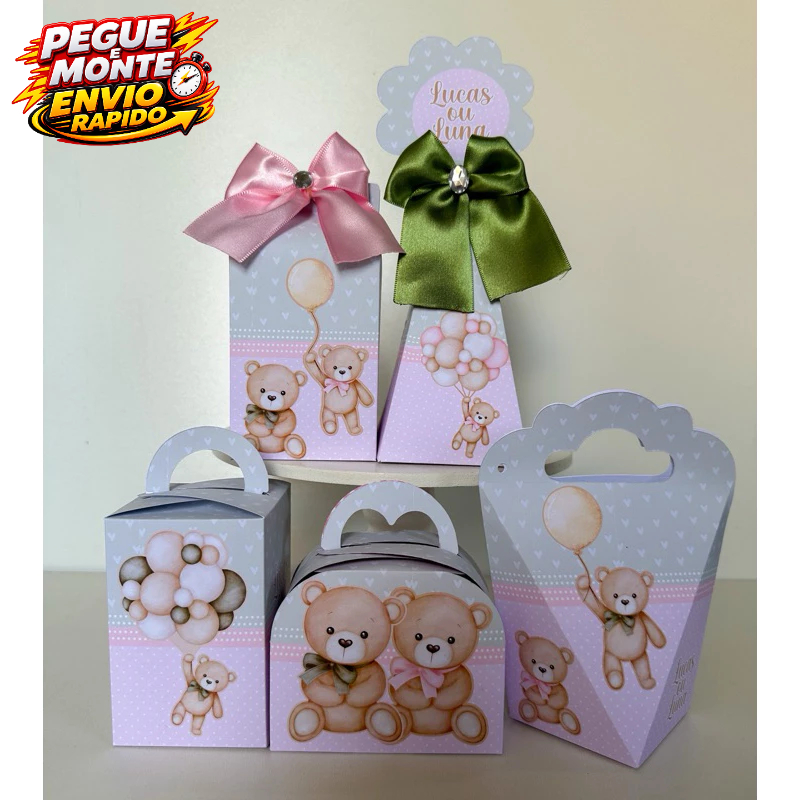 Kit Personalizados Ursinho Verde e Rosa Chá de bebê / Chá Revelação Pegue e monte Lembrancinha Caixinha Com nomei