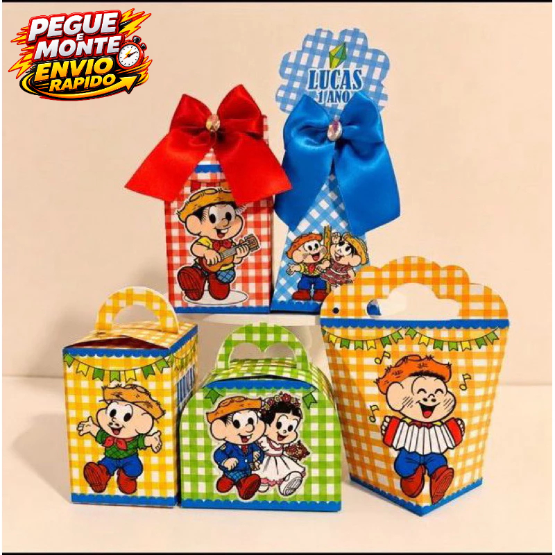 Kit Personalizados Turma da Monica Festa Junina Chico Bento Pegue e Monte Lembrancinha Caixinha(Com Nome e Idade no Chat