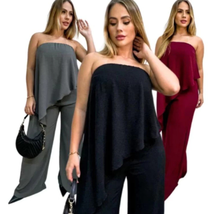 Conjunto Femenino Calça Pantalona e Blusa  Bata  tomara que caía Assimetrica Elegance tecido Duna