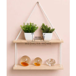 Prateleira suspensa madeira pinus 2 andares nicho de parede estante decorativa rustica cordão de algodão tendencia