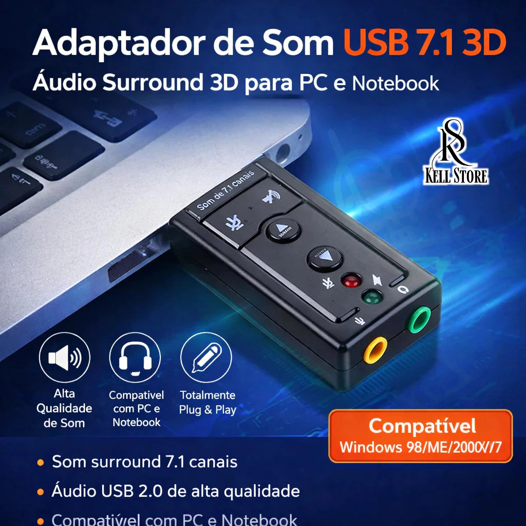 Adaptador de Som USB 7.1 3D – Placa de Áudio Externa USB para PC e Notebook