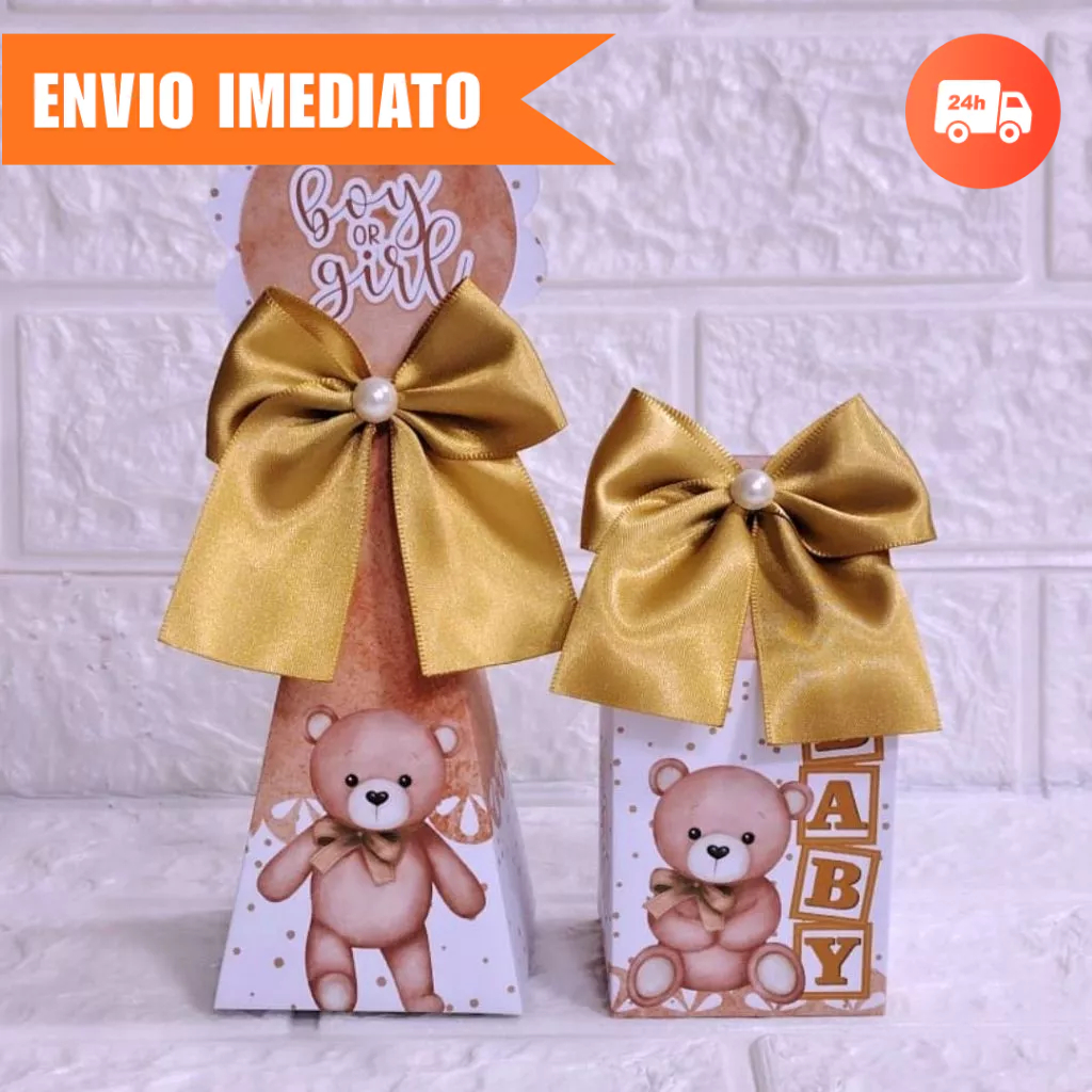 Kit Festa Milk e Pirâmide CHÁ DE BEBÊ REVELAÇÃO URSINHO LUXO Lembrancinha Caixinha PEGUE E MONTE